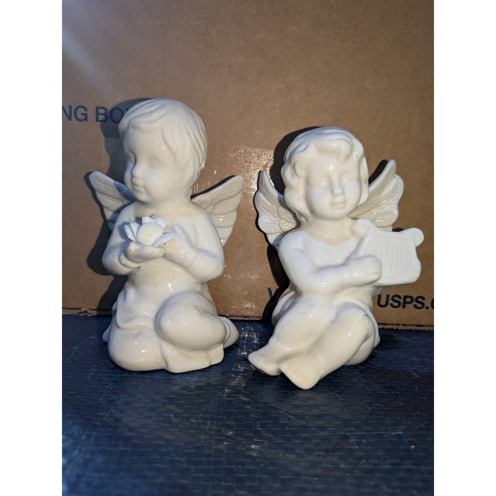 White ceramic Angels 1 male 1 female Home Decor Collections Religious Spiritual.